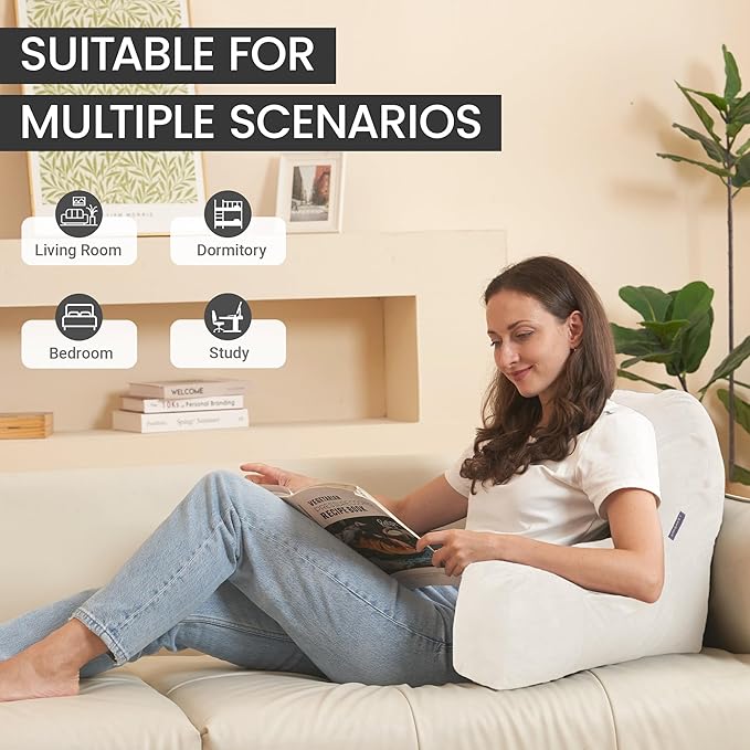 Portable Comfy Reading Pillows for Bed Sitting Up(Beige Oeko-Tex), Velvet Back Pillow with Arms & Pockets for Adults, Support Memory Foam Bed Pillow for Dorm/Reading/Watching/Gaming