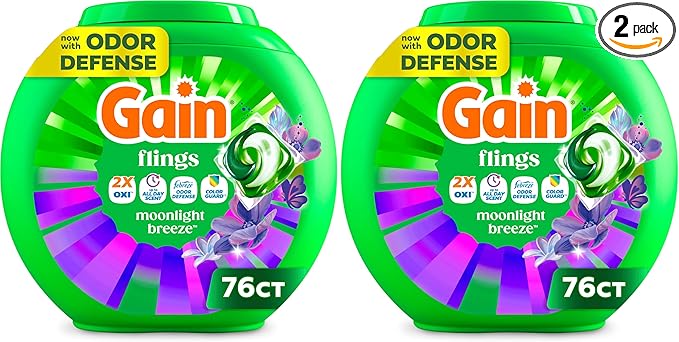 Gain Laundry Detergent Pacs, Moonlight Breeze | HE Compatible | Long Lasting Scent | 76 Count | Pack of 2