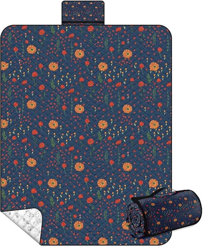 Waterproof Picnic Outdoor Blanket, 79" x 59" Sandproof Foldable Large Picnic Blanket for Beach, Camping, Park, Travel, Concert, Great Gift for Families and Couples (Midnight Flowers)