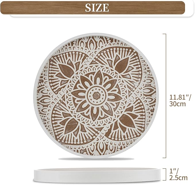 Hanobe Decorative Serving Tray Round: Farmhouse Coffee Table Decor Boho White Mandala Trays for Living Room Kitchen Centerpiece Display
