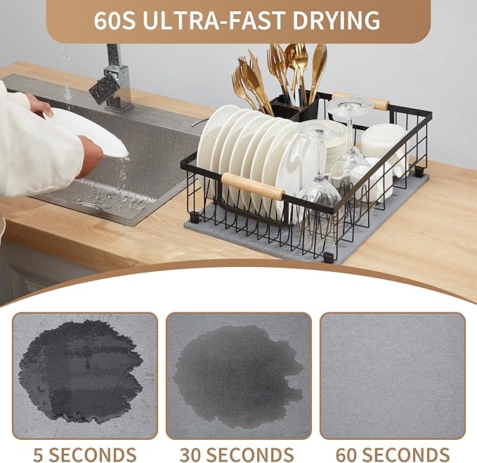 Lalaunicky Dish Drying Rack with Stone Drying Mat, Dish Drainer and Diatomaceous Earth Dish Mat, Dish Drainers for Kitchen Counter with Stone Dish Mat