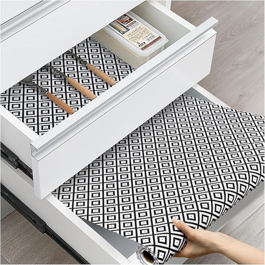 Drawer and Shelf Liner, Non-Slip Kitchen Cabinet Liners Non-Adhesive Thick Strong Grip Waterproof Washable Mats Protect Dresser Shelves Cupboard Bathroom Cabinets, Black & White, 18 in X 30 FT
