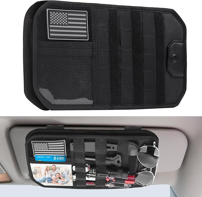 Nicofie Car Visor Organizer with Zipper Multi-Pockets & Sunglass Holder Molle Car Sun Visor Organizer Universal Fit for Trucks, SUVs, Jeeps & Patrol Vehicles