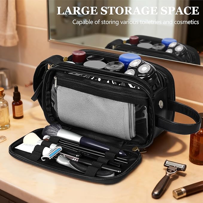 Men's Travel Toiletry Bag, Shaving Bag, Leather Toiletry Travel Bag for Men, Personalized Travel Essentials, Birthday Gifts for Men, Black - O