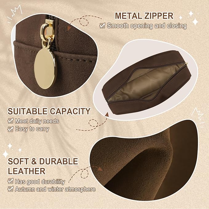 Waterproof Small Makeup Bag for Purse, Cute Pouch Preppy Suede Makeup Brush Holder with Zipper, Girls Teens Portable Storage Case Small Travel Toiletry Bag for Office (Slim-Coffee)