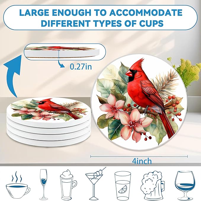 Cardinal Coasters Set of 4, Absorbent Ceramic Stone Coasters with Cork Base, Winter Christmas Home Decor, Ideal Gifts