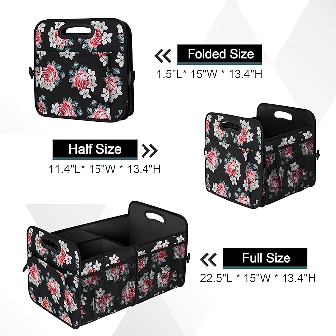 Femuar Car Trunk Organizer, Car Storage Organizer with 72L Large Capacity, Waterproof, Collapsible, and 11 Pockets, Trunk Organizer for Car SUV/Jeep/Sedan, Large Size, Flower
