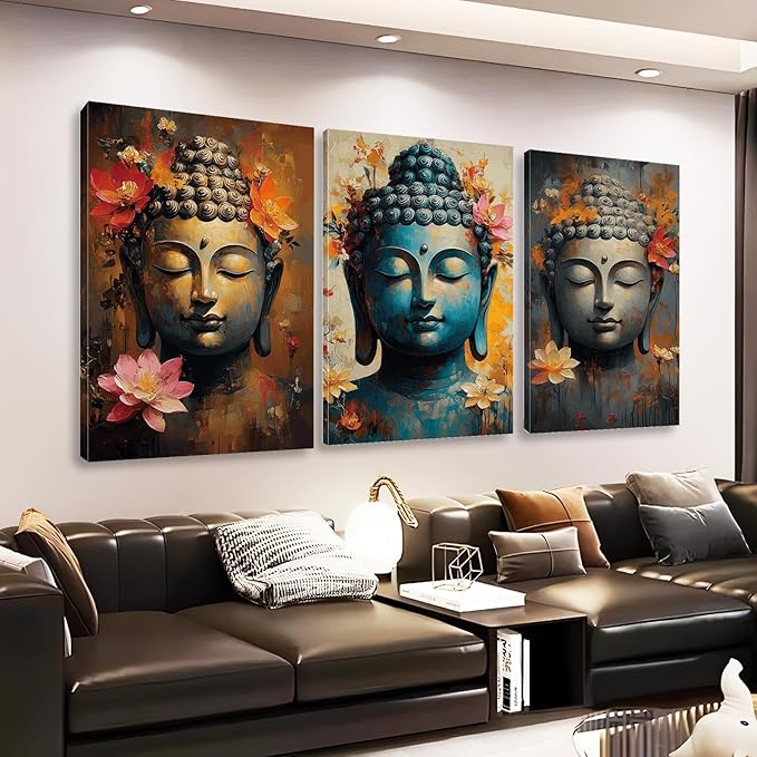 Findbeauty Buddha Canvas Wall Art, Floral Buddha Canvas Print, Zen Meditation Wall Decor, 3 Pcs Buddhist Pictures, Inspirational Wall Decor, Spiritual Wall Art for Living Room (24" x 36" x 3 pcs)