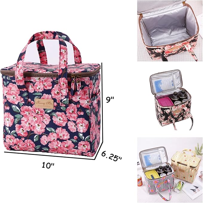 Kwang Min Floral Insulated Lunch Bag for Women,Reusable Lunch Box,Large Cooler for Office,Picnic Outdoors,Premium Quality Waterproof Fabric,Ideal Gift for Outdoors and work (Black Rose)