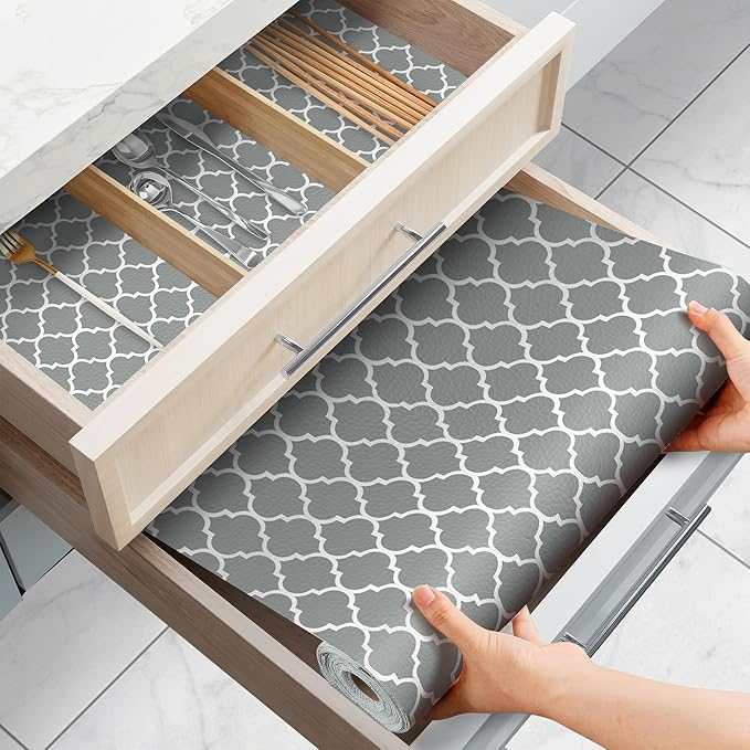 Gopas Drawer and Shelf Liner for Kitchen Cabinets Non-Adhesive, Non-Slip Cabinet Liner Shelf Paper Strong Grip Waterproof Easy to Clean for Kitchen Shelves Cupboard, Gray Lantern,12IN X 30FT
