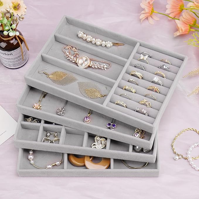 Cirhy 4 Stackable Jewelry Trays Organizer Set for Drawer, Jewelry Organizers and Display Case Storage, Velvet Drawer Inserts Organizer for Necklace Bracelets Earrings Organizer, Gift For Her, Grey