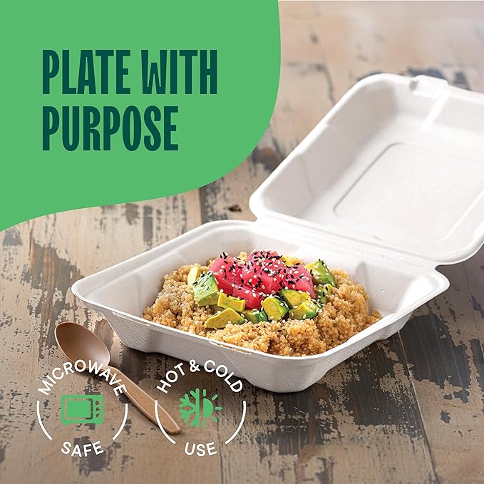100% Compostable Clamshell Take Out Food Containers [8X8" 50-Pack] Heavy-Duty Quality to go Containers, Natural Disposable Bagasse, Eco-Friendly Biodegradable Made of Sugar Cane Fibers