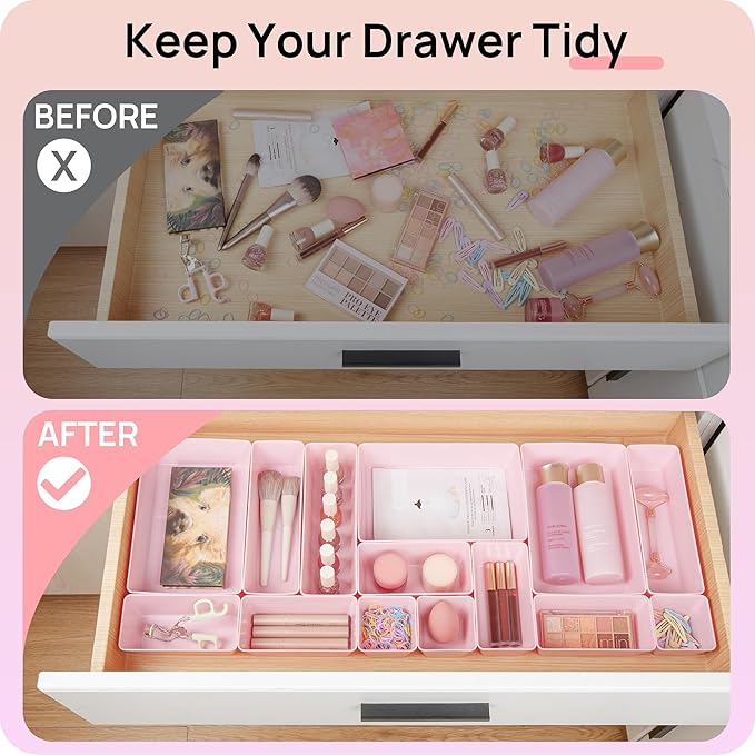 Vtopmart 44 PCS Plastic Drawer Organizers Set, 4-Size Versatile Bathroom and Vanity Organizer Trays, Non-Slip Storage Containers for Makeup, Jewelries, Bedroom, Kitchen Utensils and Office, Pink