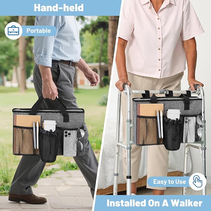 Rhino Valley Walker Bag, Large Capacity Walker Accessories Storage Bag with Multi Pockets & Cup Holder, Walker Basket with 4 pockets for Universal Walkers for Seniors, Gray