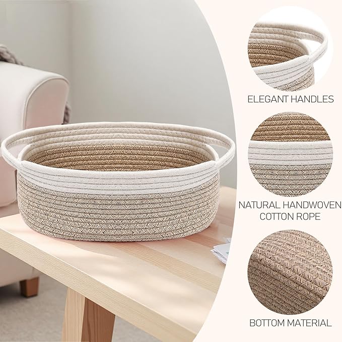 Woven Basket, Small Rope Storage Bin with Handles & Ribbon Bag, Organizer for Shelves Closets, Empty Gift Basket for Birthday, Books, Dog Toys, White & Oatmeal/3 Pack