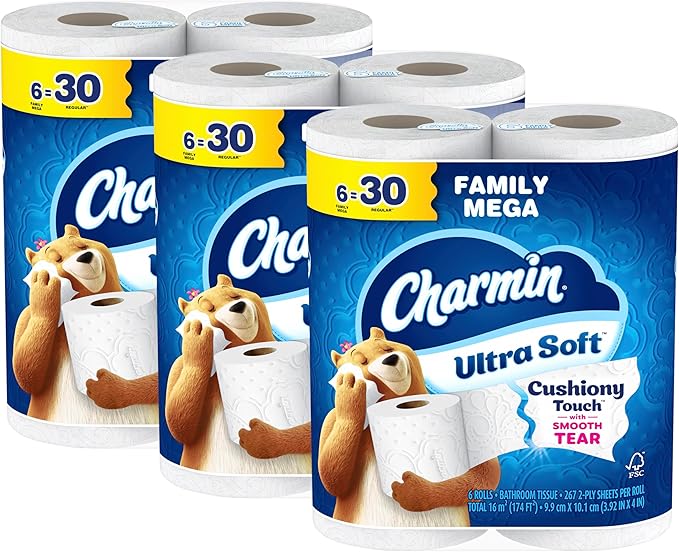Charmin Ultra Soft Cushiony Touch 2-Ply Toilet Paper, 18 Family Mega Rolls = 90 Regular Rolls, White