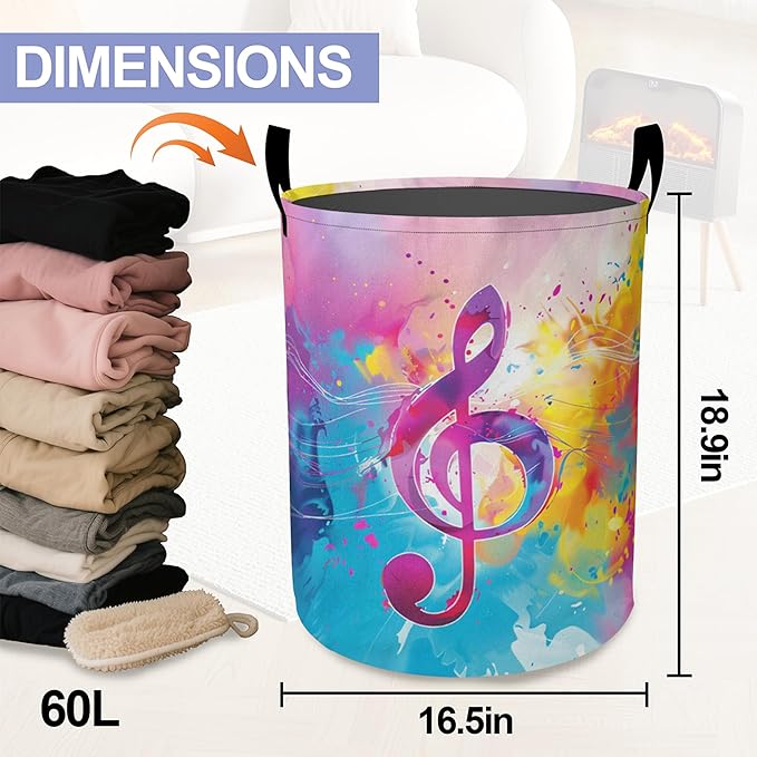 Colorful Music Symbols Laundry Basket-Large Foldable Hamper Holder Portable Tall Collapsible Laundry Hamper Storage Basket Bin with Handles, Canvas & Waterproof lining for Household Items