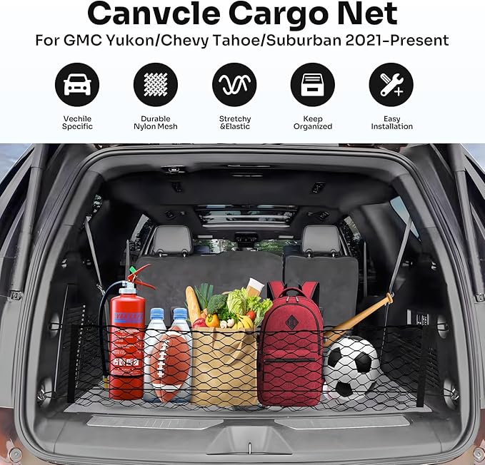 Cargo Net for Chevy Suburban Tahoe GMC Yukon & Yukon XL Cadillac Escalade 2021–2025 2026 Envelope Style Heavy Duty Elastic Mesh Trunk Cargo Organizer Easy Install Storage Net with Hooks