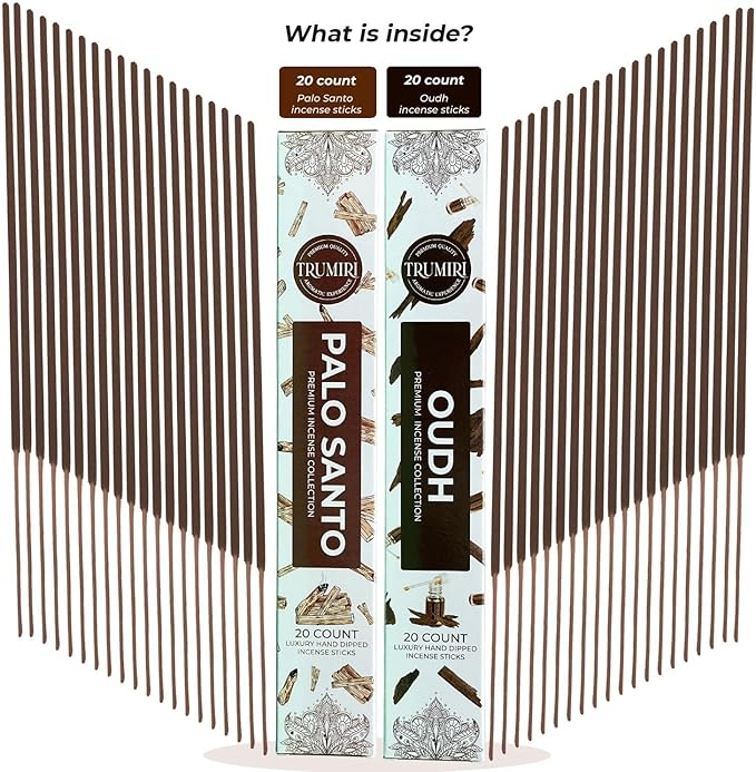 Trumiri Incense Sticks - Combo Pack of 40 Insence-Sticks - 20 Palo Santo + 20 Oud - Insenses - Insents - Incents - Inscense - Incence - Incienso - All Natural Incense Sticks