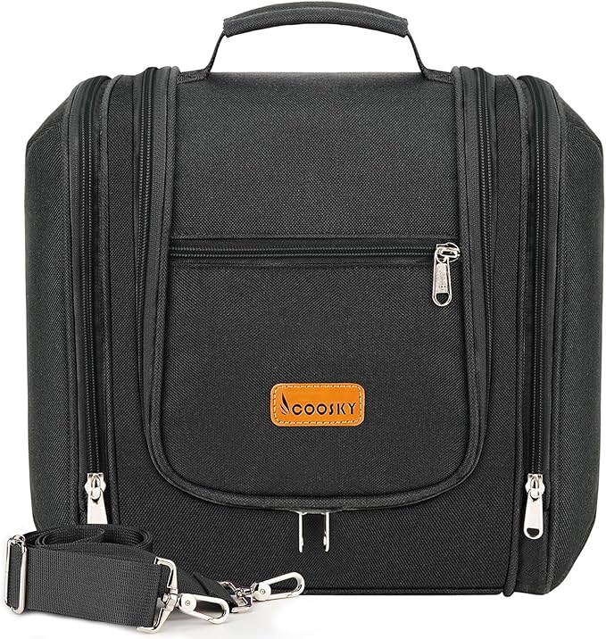 Travel Hanging Toiletry Bag for Women and Men, 6 Organizer Compartments, Holds Full Size Bottles, Extra Large Cosmetic Accessories, Makeup Essentials, Bathroom Water-resistant Toiletries Bag, Black