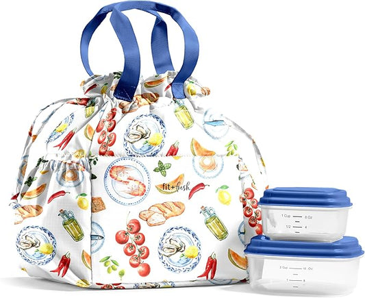 Fit & Fresh Cromwell Drawstring Lunch Bag for Women, Complete Lunch Set with 2 Containers, Stain-Resistant, Leak-Resistant, Back to School Essential, Teacher Lunchbox, Al Fresco