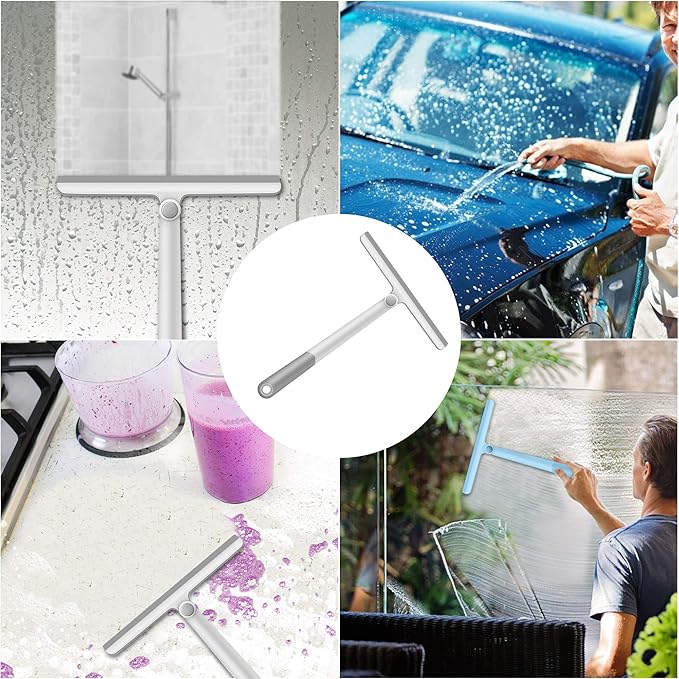 WONDAY Shower Squeegee for Glass Doors, 12" Long Handle Window Squeegee Cleaning Tool, Streak-Free Silicone Blade for Bathroom Mirror, High Windows, Car Windshield (2 Pack, Grey+Green)