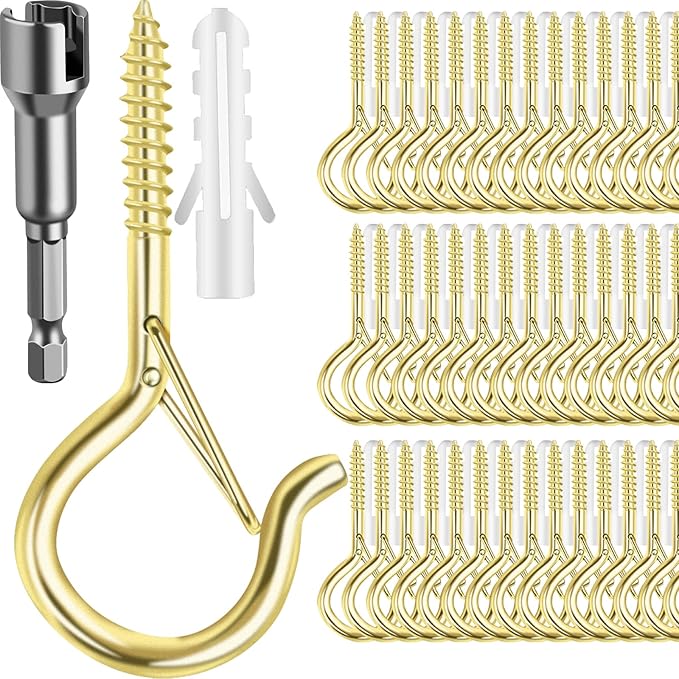 100 Pack Screw-in Hooks for Outdoor String Lights, Q Hanger Hooks for Outside, Swivel Hanging Basket Patio Hook with Safe Buckle, Plant Eye Hook for Wall Ceiling with 1 Wing Nut Driver, Gold