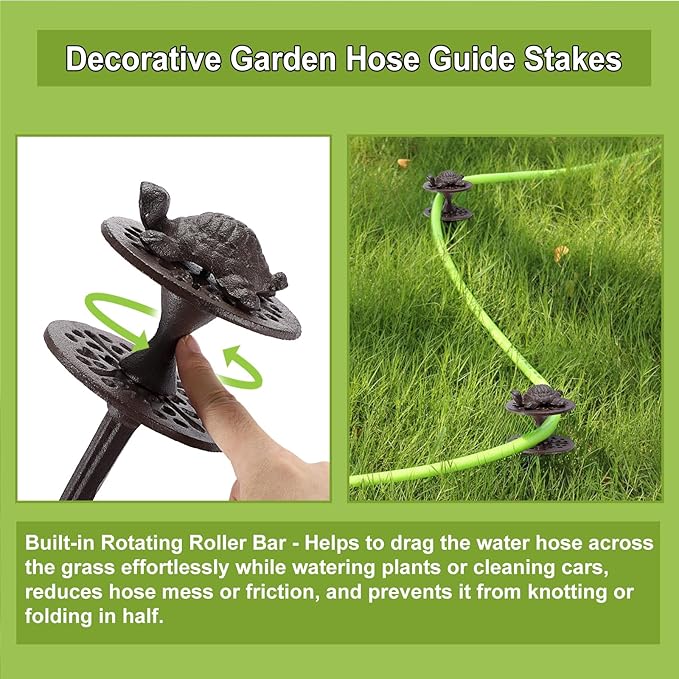 OwnMy Set of 2 Cast Iron Garden Hose Guide Stakes, Heavy-Duty, Decorative Garden Hose Guide Spikes for Lawn, Yard, Outside Plants Protection - Keeping Hoses Away from Flower Beds, Turtle Pattern