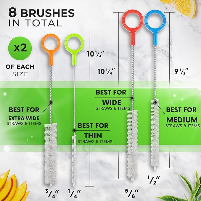Buenalife Heavy Duty Cleaning Brushes Set of 8 - Extra Long Straw Cleaners for Metal and Plastic Reusable Drinking Straws, to Clean Small Spaces, Sippy Cups, Water Bottles - Sturdy Hard Brush Bristles