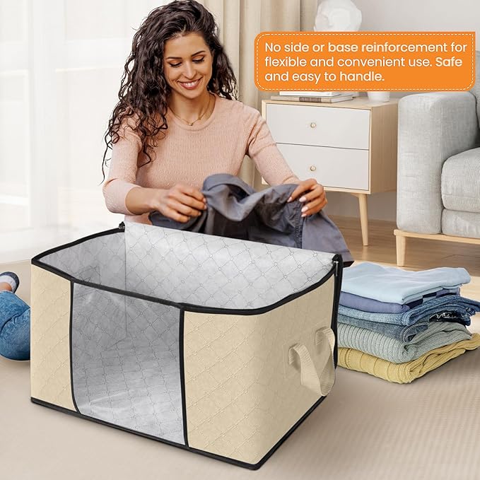 Fab totes 10 Pack Clothes Storage, Foldable Thick Fabric Blanket Storage Bags, Containers for Organizing Bedroom, Closet, Clothing, Comforter, Organization with Handle,Beige