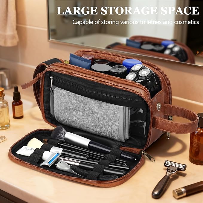 Travel Toiletry Bag for Men, Men's Shaving Bags for Toiletries, Men's Toiletry Travel Bag Leather, Personalized Travel Essentials, Birthday Gifts for Men, Brown- K