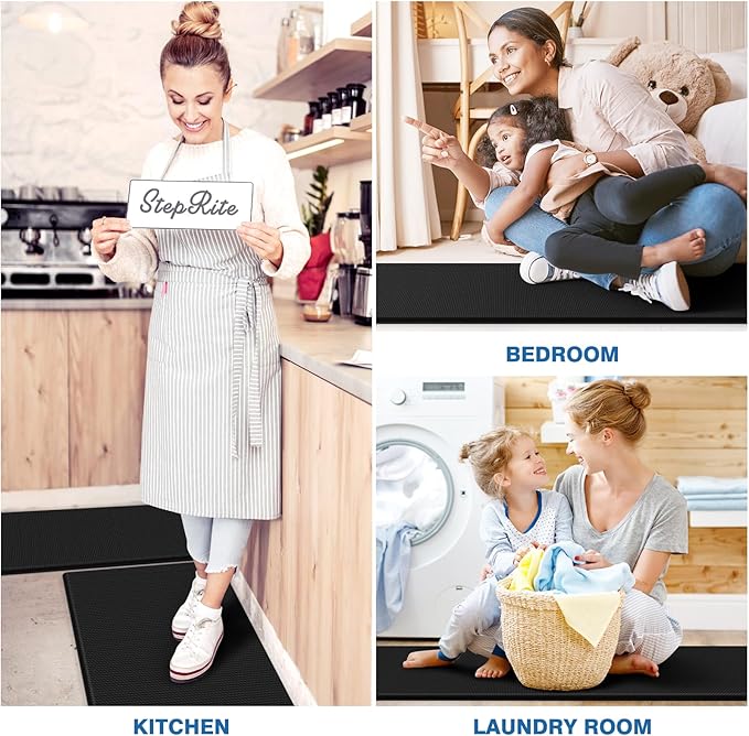 StepRite Kitchen Mats, 2PCS Kitchen Rugs, Cushioned Anti Fatigue Kitchen Mats for Floor, Non-Slip Standing Desk Mat, Waterproof Kitchen Rug Set for Kitchen, 20" x 32"+20" x 71"-0.4 inch Thick, Black
