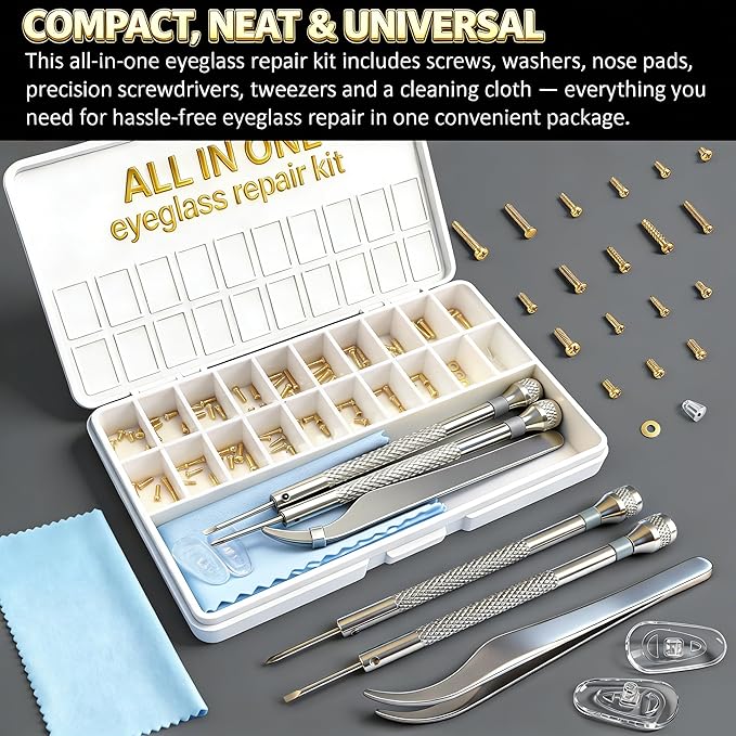 Gold Eyeglass Repair Kit with 18 Sizes Gold-Plated Screws, 1.4mm Precision Screwdrivers, Tweezers, Nose Pads & Cloth - Compact Eye Glass Repairing Kit for All Eyewear Types