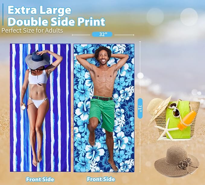 TwoYek 2 Pack Microfiber Thin Beach Towel Lightweight 71x32 Oversized Extra Large Sand Free Towels Quick Dry for Travel Pool Yoga Gym Sports Beach Accessories Vacation Essential Gift