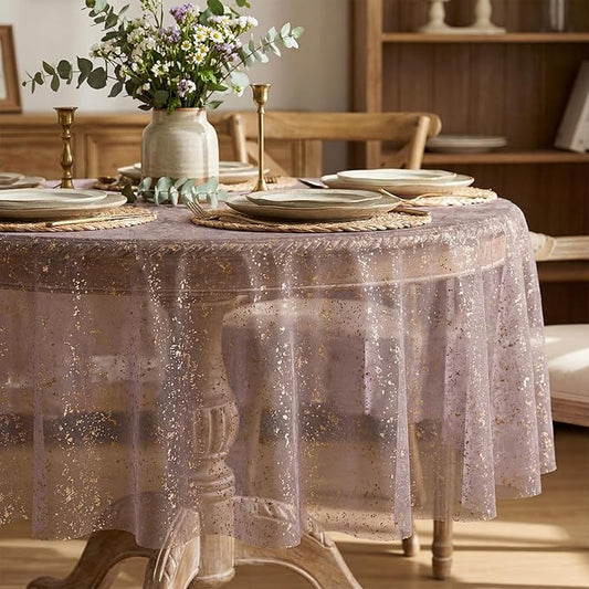 Horaldaily Grayish Purple Gold Tablecloth 60x60 Inch Round, Golden Sequin Glitter Metallic Foil, Sheer Tulle Cheesecloth for Wedding Baby Shower Ceremony Birthday