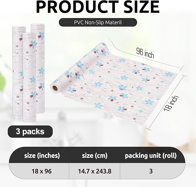 RAY STAR 18X96 Inch Shelf Liner for Kitchen Cabinets, Non-Adhesive Cabinet Liner Washable, PVC Drawer Liner for Dresser Non-Slip Bathroom (Blue-Floral)(3 Roll)