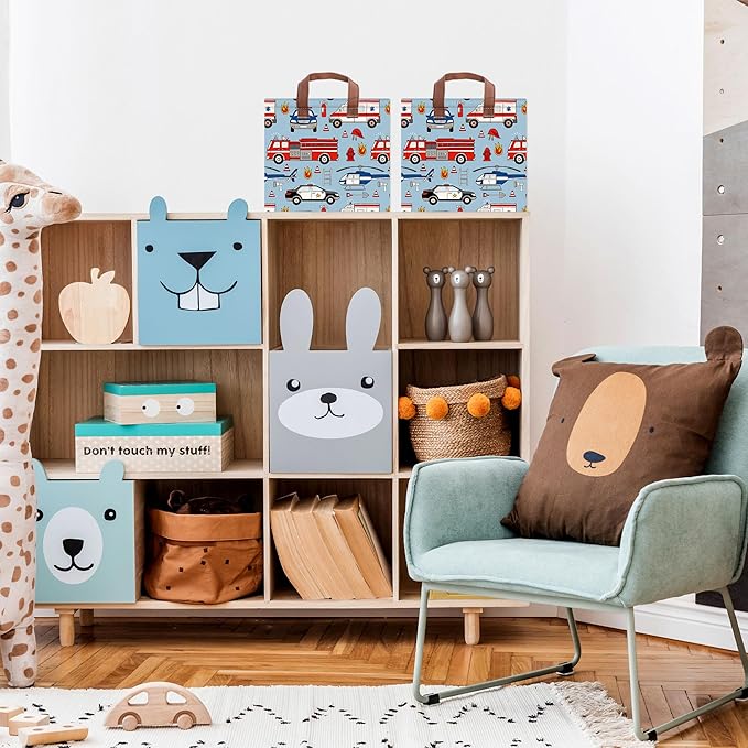 Police Car Storage Basket Waterproof Canvas Toy Storage Bin Fire Truck Car Room Decor Collapsible Outdoor Basket with Leather Handles Funny Decor Blanket Baskets For Closets,Bedrooms,Gifts Baskets