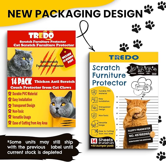 TREDO Cat Scratch Furniture Protector 14 Pack - Anti Scratch Couch Protectors for Cats - Transparent Guard for Sofas Chairs - Includes 50 Bumper Pads - No Pins Needed