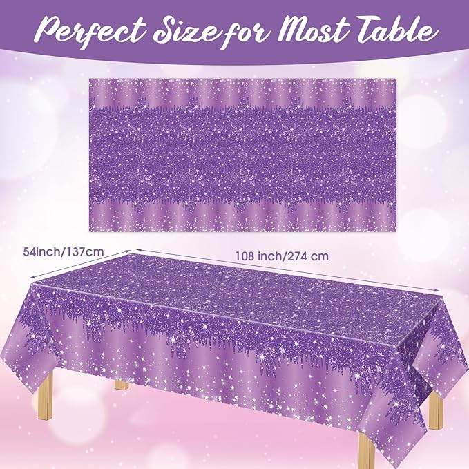 Ganeen 3 Pcs Purple Tablecloths Glitter Sparkling Disposable Plastic Table Cover Sequin Printed Rectangle Tablecloths for Girl Women Birthday Wedding Party Decor Supplies, 54 x 108 Inch