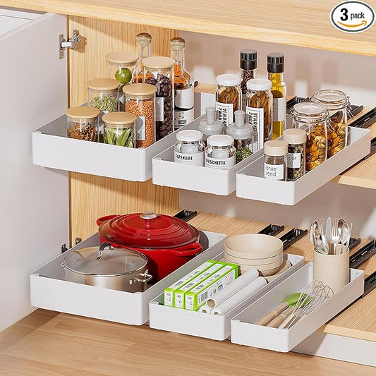 Delamu 3 Pack Pull Out Cabinet Organizer, 15.7"Deep Pull Out Drawers for Cabinets, Slide Out Drawers for Kitchen Cabinets, Bathroom Cabinet Organizer, Pantry (White)