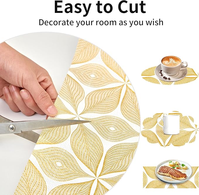 Shelf Liners for Kitchen Cabinets 23.62in x 20FT, Non-Adhesive Cabinet Liner, Strong Non-Slip Golden Leaf Drawer Liner, Easy to Clean for Shelf, Cabinet with Knife and Tape Measure