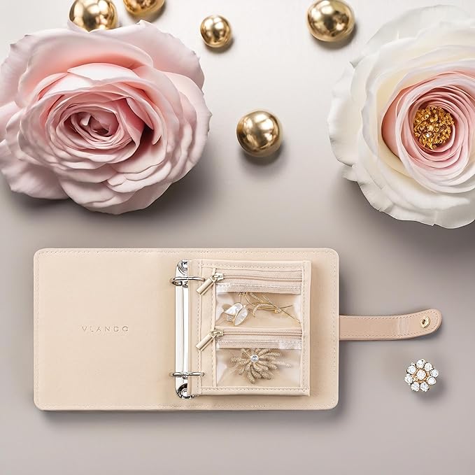 Vlando Small Jewelry Book Organizer - Leather Travel Jewelry Case with 5 Detachable Pages for Necklaces, Rings, Earrings, Tangle-Free, Giftable, Latte