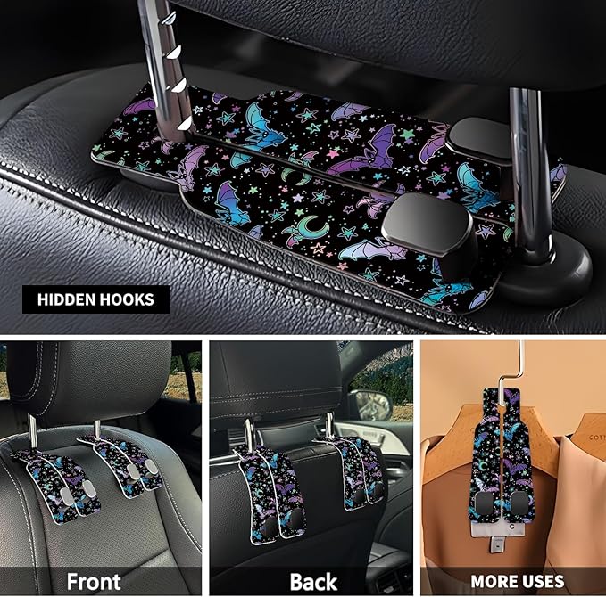 NUGGHU Car Seat Headrest Hook, Universal Leather Cute Hanger Holder Hook, Storage Organizer Interior Accessories for Purse Bags Handbag Purple Cute Bats
