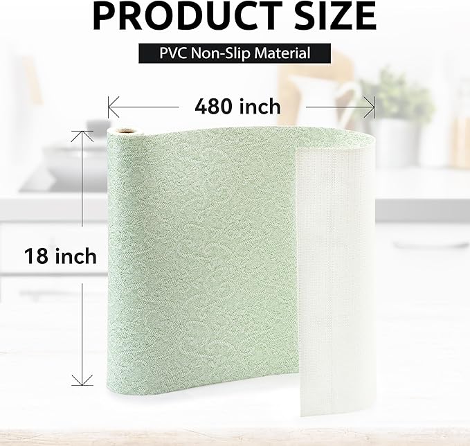 18X480 Inch Shelf Liner with Scissor & Tape Measure for Kitchen Cabinets, PVC Drawer Liner for Dresser Non-Slip Bathroom, Non-Adhesive Cabinet Liner Washable (Green)