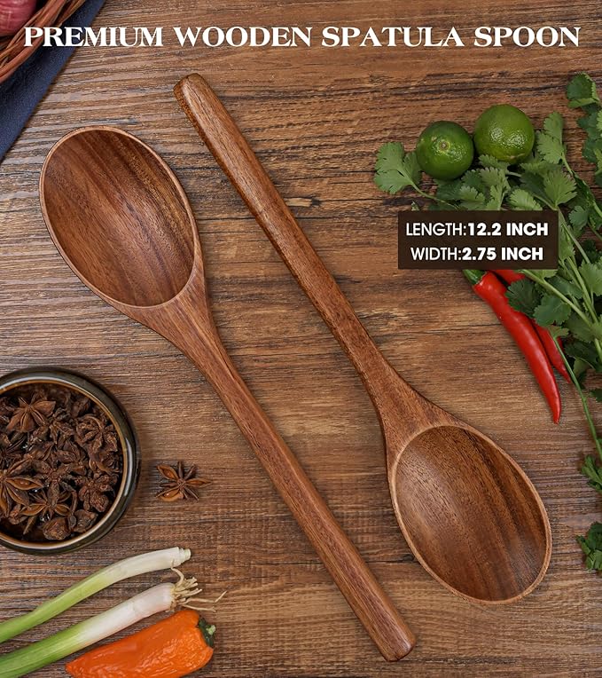 2PCS Wooden Spoons for Cooking, Natural Acacia Wood Cooking Spoons, Large Serving Spoons for Nonstick Cookware, Heat Resistant Durable Wooden Kitchen Utensils for Mixing Salad, Serving and Stirring
