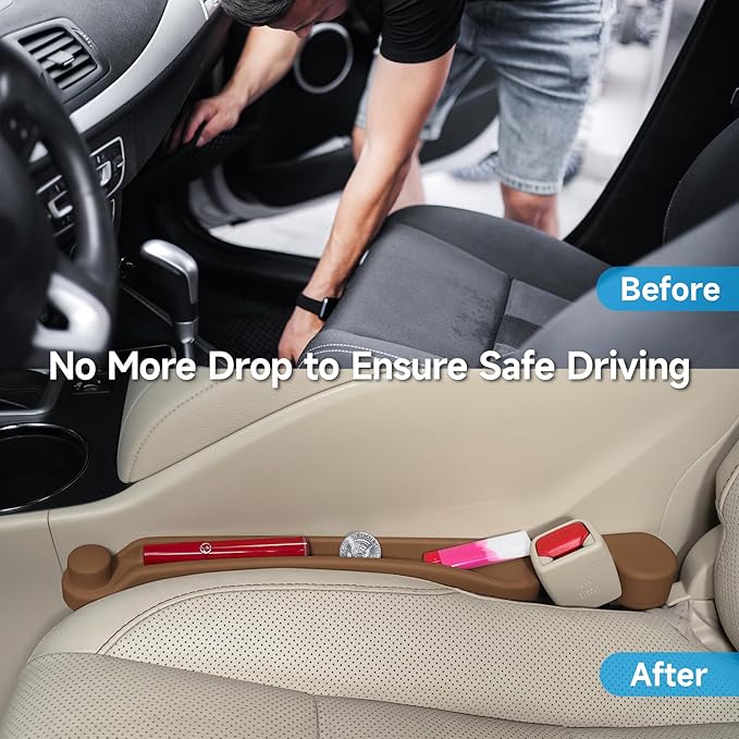 Car Seat Gap Filler Set of 2, 3-in-1 Seat Side Gap Filler Plug with Storage Slot & Hook Function, Soft Foam Universal Fit Car SUV Truck Fill Gap Between Seats Console Organizer (Narrow Saddle Brown)