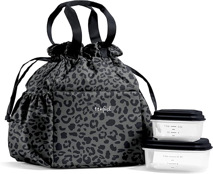 Fit & Fresh Cromwell Drawstring Lunch Bag for Women, Complete Lunch Set with 2 Containers, Stain-Resistant, Leak-Resistant, Back to School Essential, Teacher Lunchbox, Black Cheetah