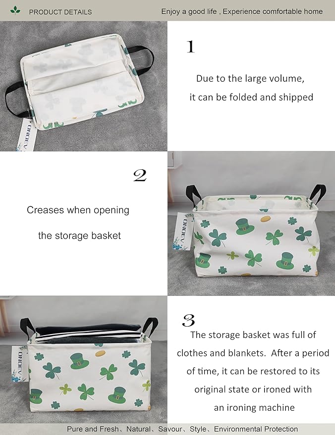 Rectangular Folding Laundry Basket,waterproof Canvas Basket,gift basket,Suitable for children's room,Office,Clothes,Toys Storage(Lucky Clover)
