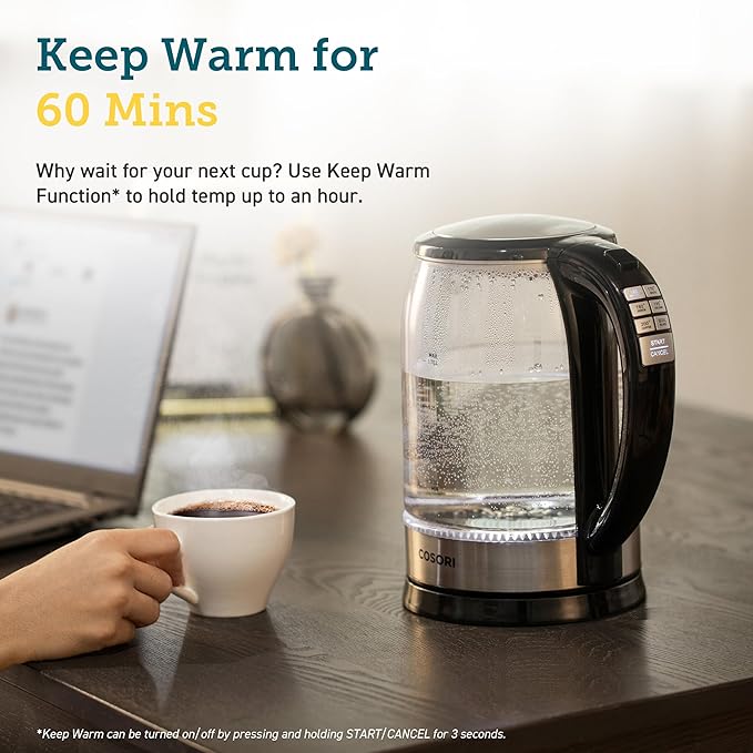 Cosori Electric Kettle Temperature Control with 6 Presets, 60min Keep Warm 1.7L Electric Tea Kettle & Hot Water Boiler, 304 Stainless Steel Filter, Auto-Off & Boil-Dry Protection, BPA Free, Black