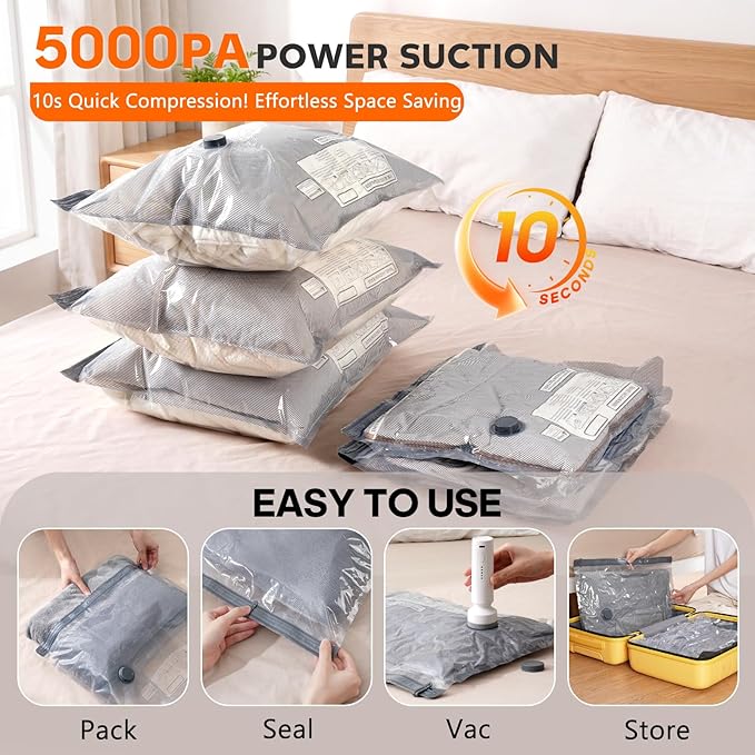 18 Pack Vacuum Storage Bags for Travel with Rechargeable Cordless Pump, Space Saver Bags for Clothes, Compression Packing Bags for Luggage and Suitcase, 18 Combo Size